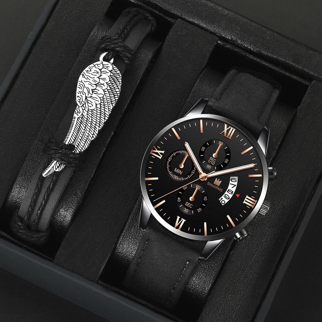 Мужские кварцевые наручные часы (Часы + Браслет) С кожаным ремешком и уникальным украшением в виде крыльев