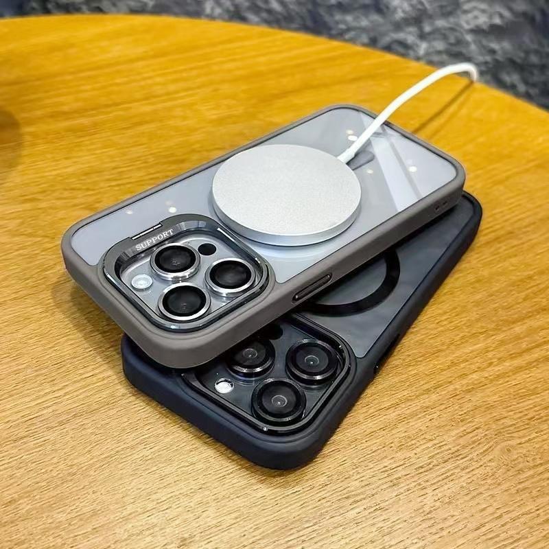 KEYSION Magnetic Transparent Phone Case for MagSafe for iPhone 15 16 Pro Max 16 Plus 16e Lens Protector Metal Stand Shockproof Cover
