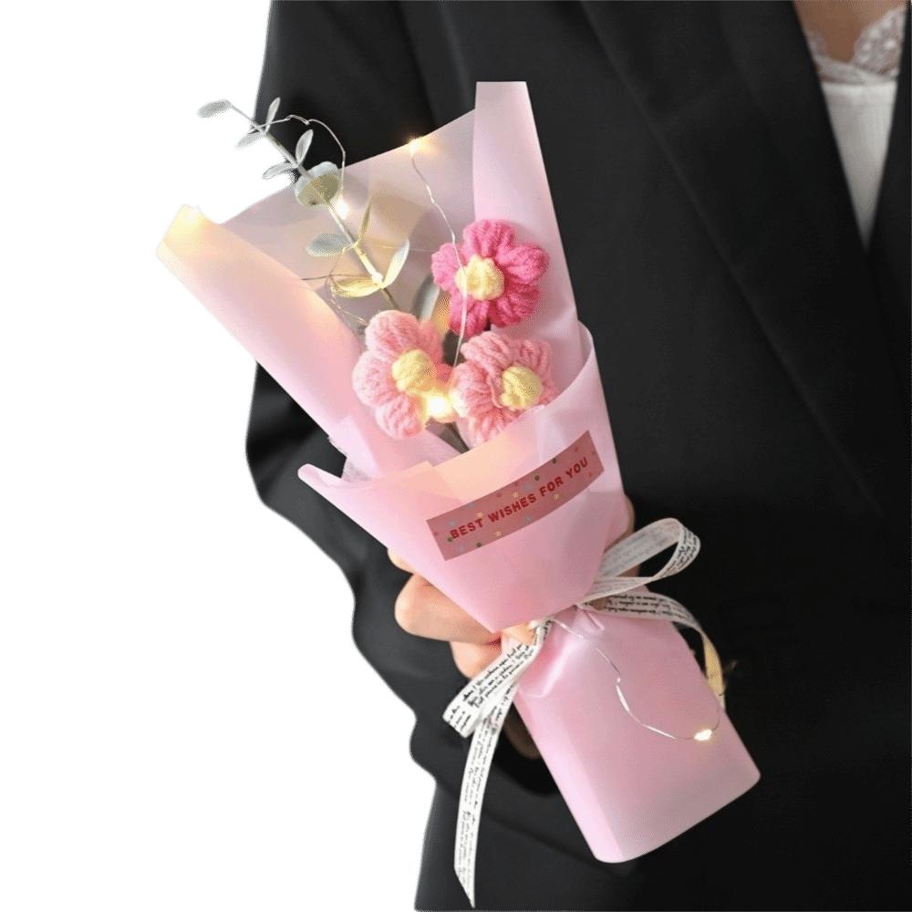LED Lights Crochet Flowers Bouquet Knitted Artificial Daisy Bouquet Valentine'S Day