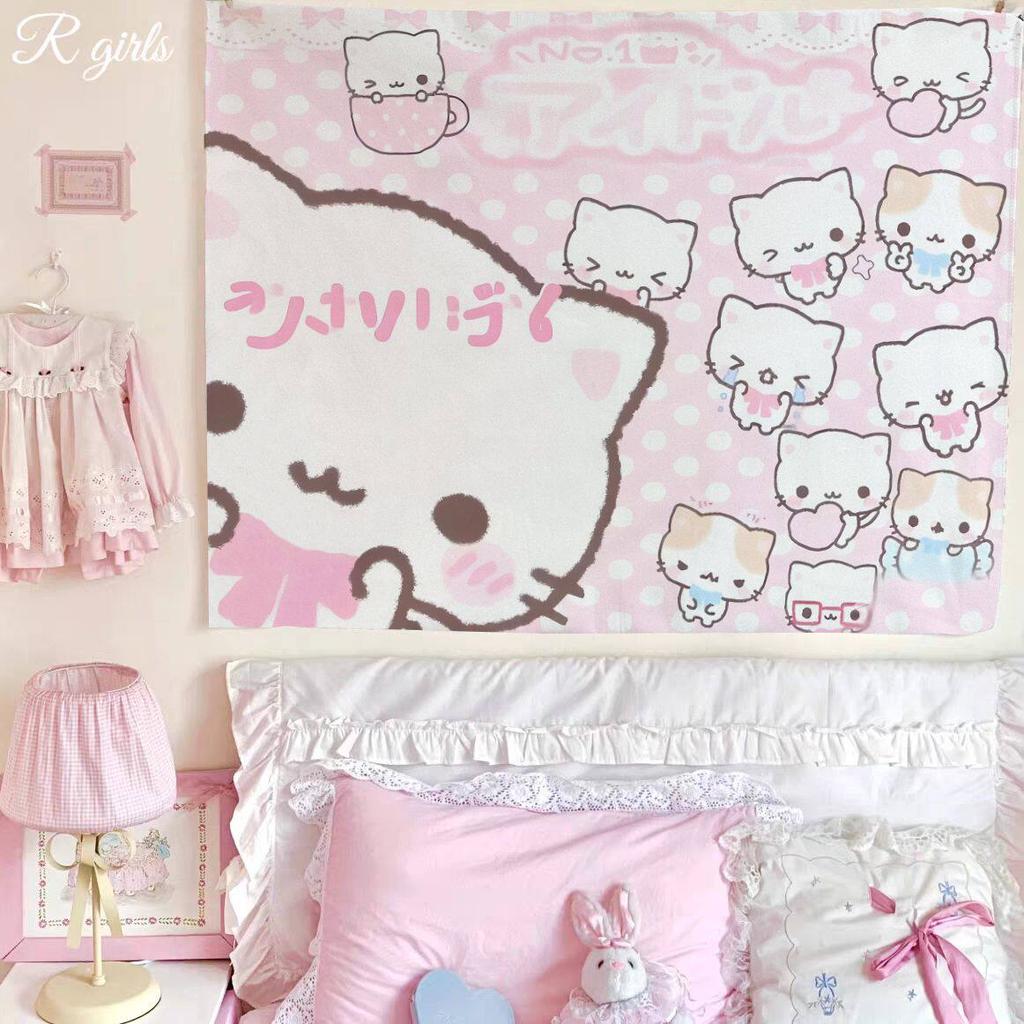 Kawaii Pink Cat Tapestry Cute Cartoon Kitten Polka Dot Wall Hanging for Girls Bedroom Soft Decor