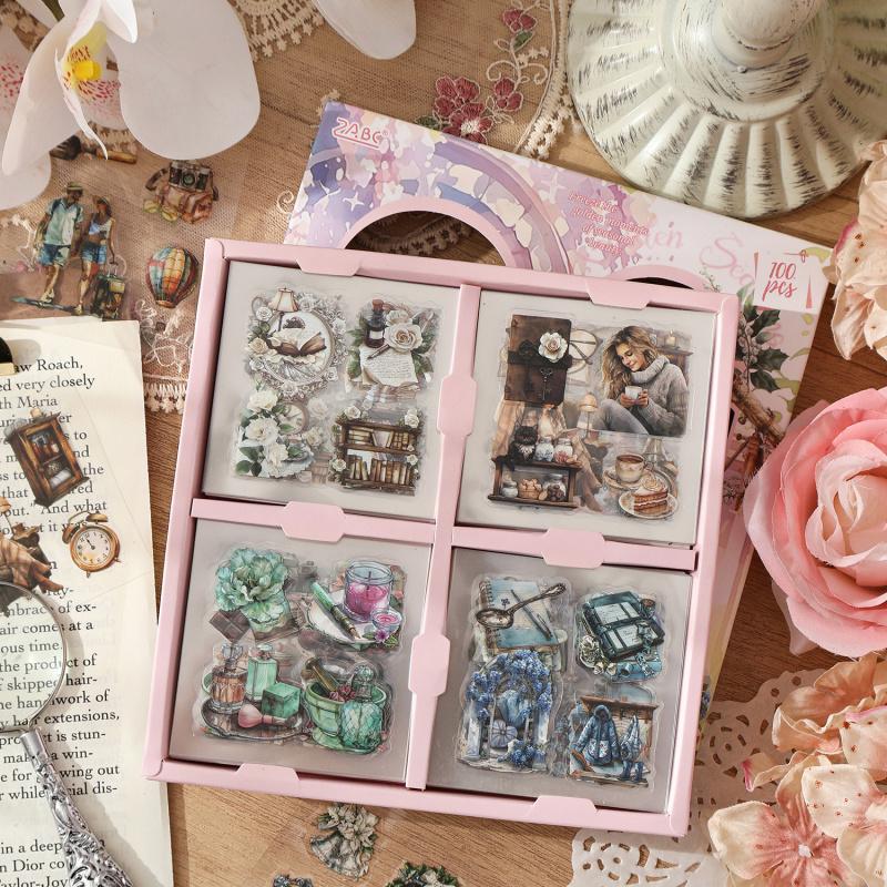 100Pcs Vintage Stickers Box Set Retro Aesthetic Stickers for DIY Scrapbooking Journal Planner Craft Stationery Gift Box