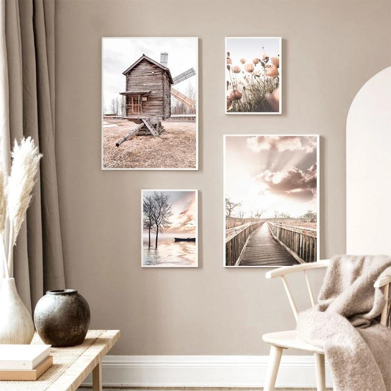 Морской пейзаж, холст с принтом, пляжный постер, деревянный мост, сено, цветок, настенная живопись, скандинавские настенные панно для декора гостиной