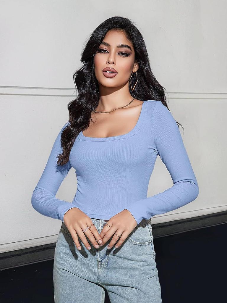 Spring women's tops slim fit short long sleeve square neck T-shirt for hot girls casual and versatile