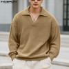 Autumn Men Lapel Neck Long Sleeve Texture Ribbed Casual Pullover Tops