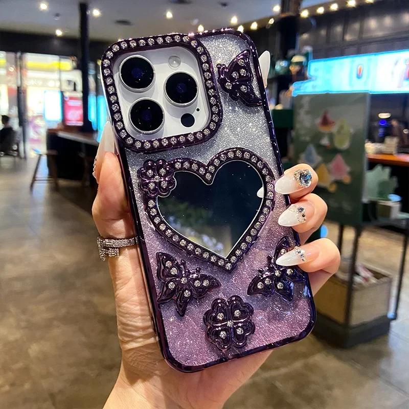Чехол с градиентом и блестками в виде бабочки для iPhone 17 16 15 14 13 12 11 Pro Max, с изображением сердца, зеркалом для макияжа, бриллиантовой линзой, противоударный