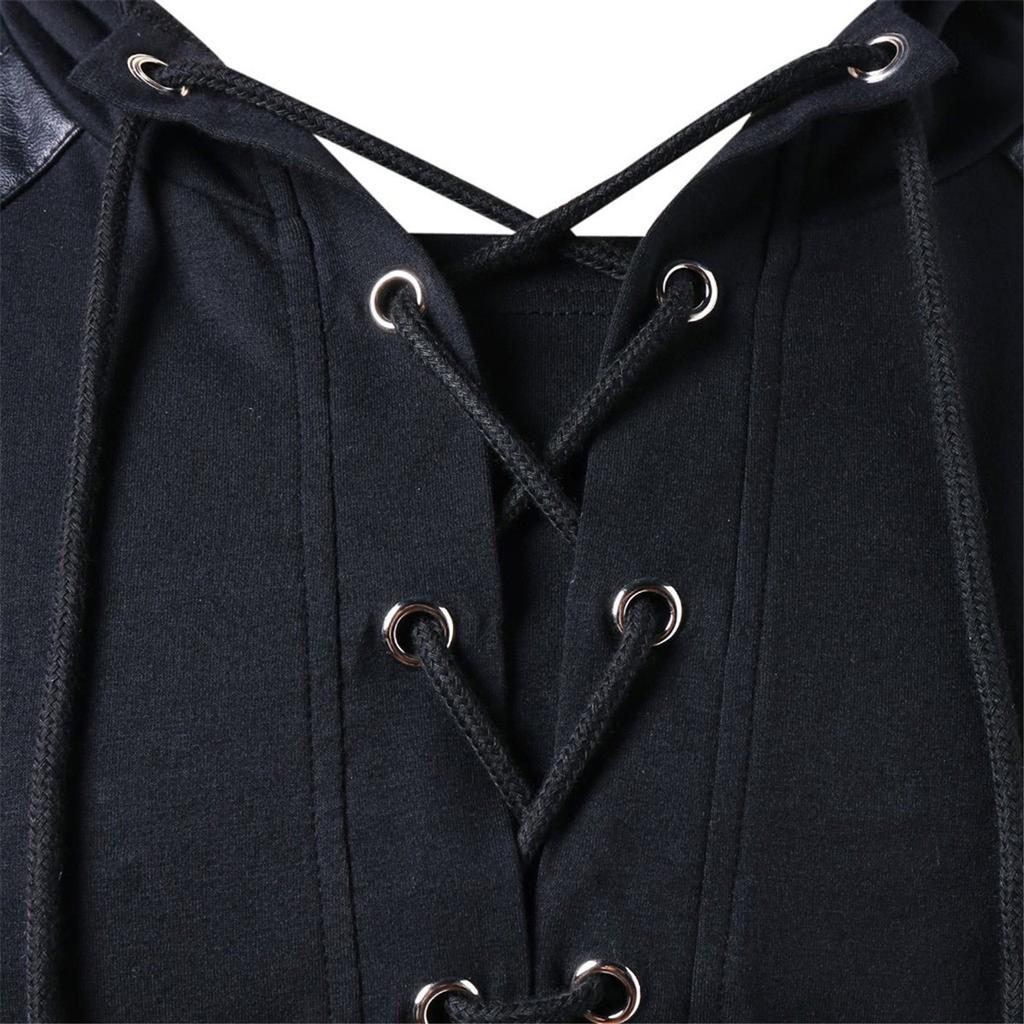 Мужские зимние винтажные кожаные лоскутные топы с капюшоном на шнурках с длинным рукавом, блузки