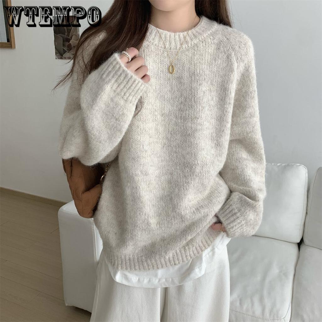 WTEMPO Women's Knitted Sweater Loose and Lazy Loose Round Neck Long Sleeved Pullover Knit Sweater Top
