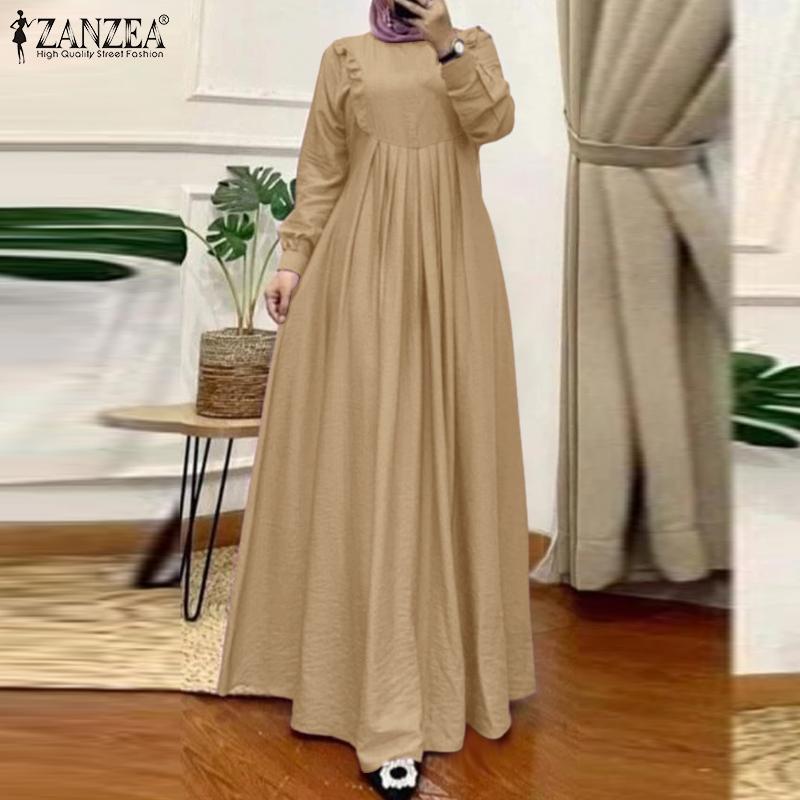 ZANZEA Женское праздничное повседневное платье с круглым вырезом, свободного кроя, с длинным рукавом