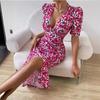 Summer Women's Dress Deep V Neck Sexy Floral Bubble Sleeve Waisted Pleated Hip Dresses