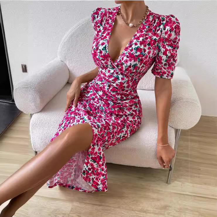 Summer Women's Dress Deep V Neck Sexy Floral Bubble Sleeve Waisted Pleated Hip Dresses