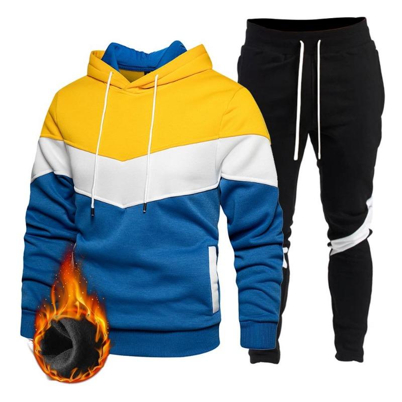 2024 Hooded Pullover Sweatshirt Pants Set Contrast Color Hooded Winter Men's Sportswear Sports 2-piece Set Men's Jogging Sweatshirt Set