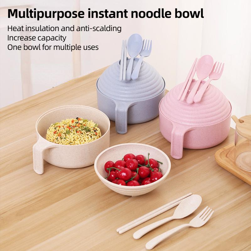 Wheat Straw Multifunctional with Lid Bowl Spoon Fork Chopsticks Eating Dinnerware Set Anti-hot Bowl Microwavable Bowl