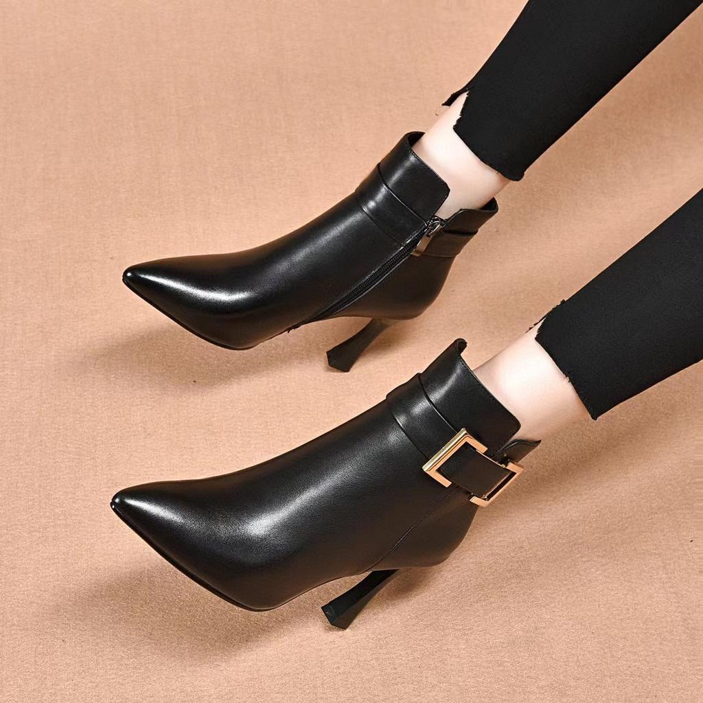 Модные ботильоны на тонком каблуке с острым носком женские 2025 осень и зима европейский и американский стиль персонализированная пряжка ремня ботильоны на высоком каблуке первый слой коровьей кожи