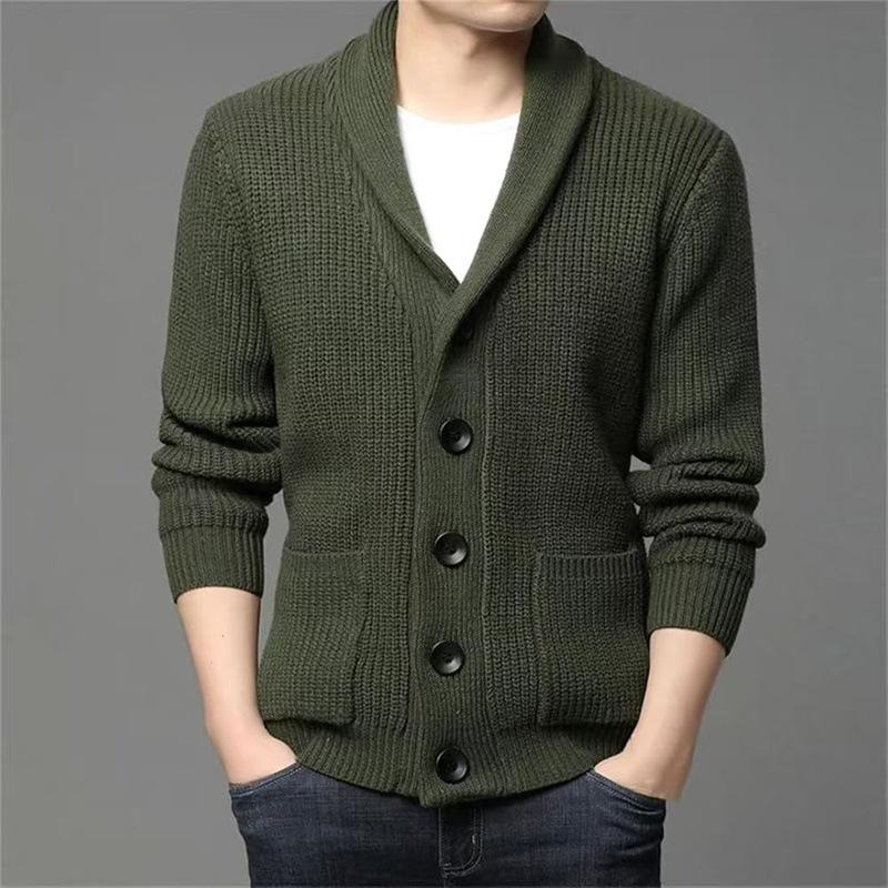 Autumn Winter Men's Thick Button Cardigan Green Fruit Collar Sweater V-neck Solid Color Casual Sweater