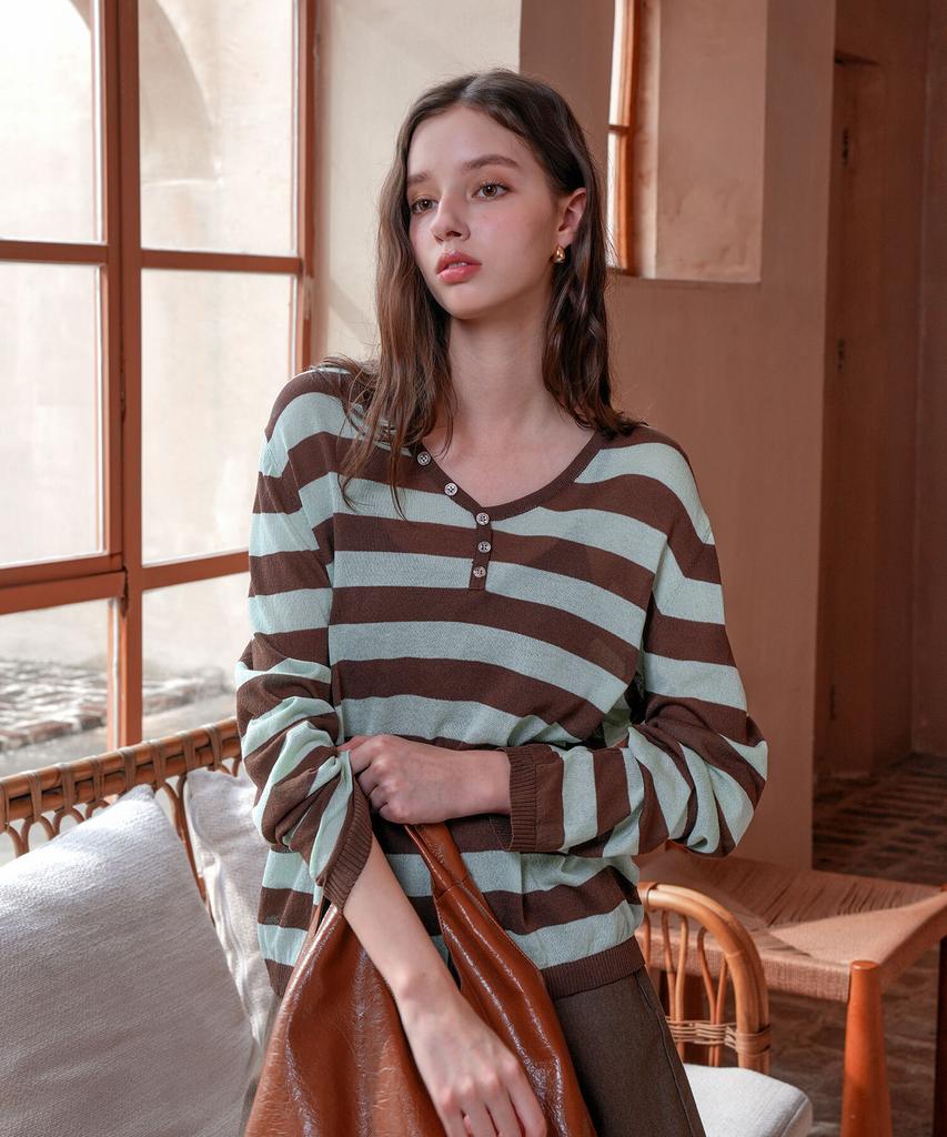 PIGMENT Button V-Neck Striped Knit (Zysw260501)