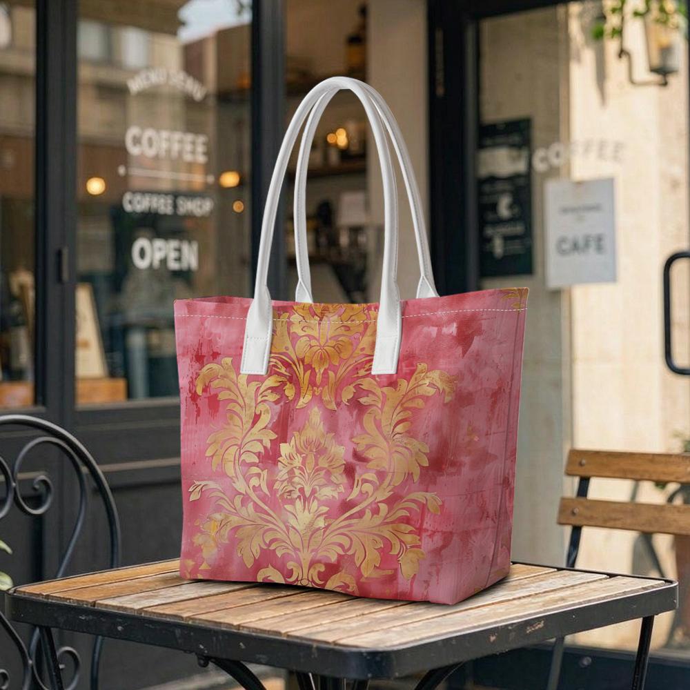 Elegant Gold Pattern Tote Bag for Women Vintage Pink Daily Shoulder Bag Casual Lightweight Shopping Purse