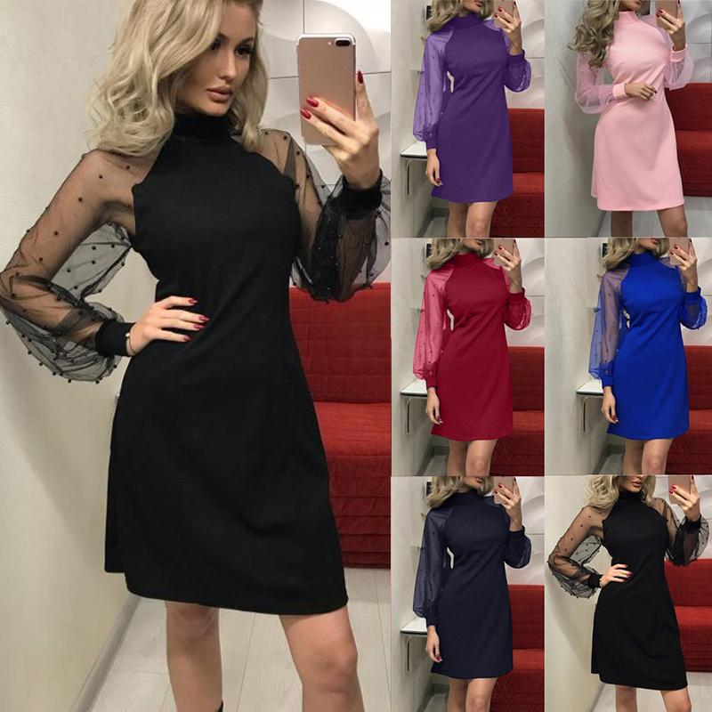 Summer Dress Round Neck Dress Women Dresses Mesh Long Sleeves Slim Hip Dress for Ladies Red Dress for Women Sexy Dresses for Women Elegant Black Dress