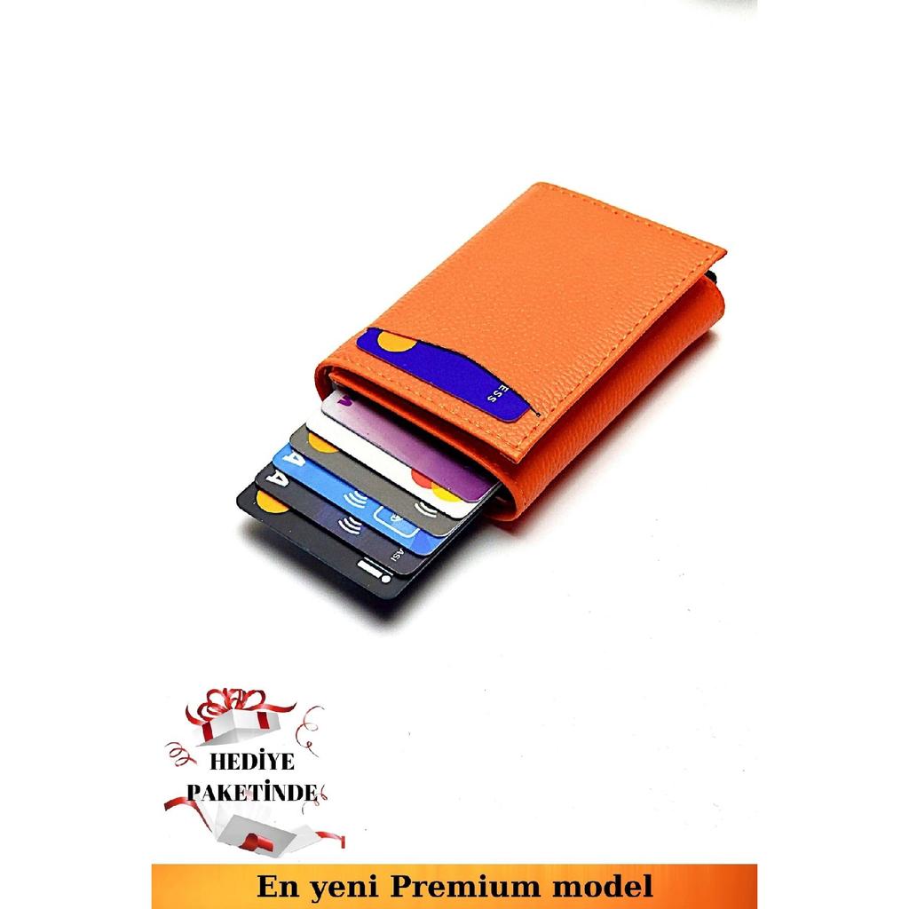 Оранжевый кошелек из веганской кожи унисекс с отделением для денег и держателем для карт с автоматическим механизмом. Подарочный пакет для портфолио?