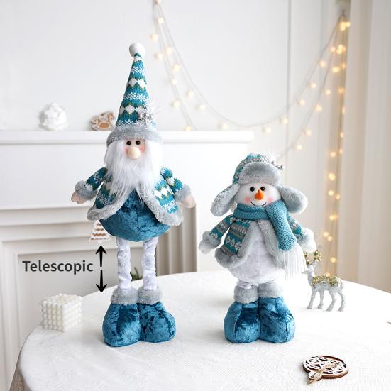 Christmas Doll Ornament Plush Standing Santa Claus Reindeer Snowman Figure with Telescope Leg Blue Gnome Doll Toy for Tree Fireplace Window Table