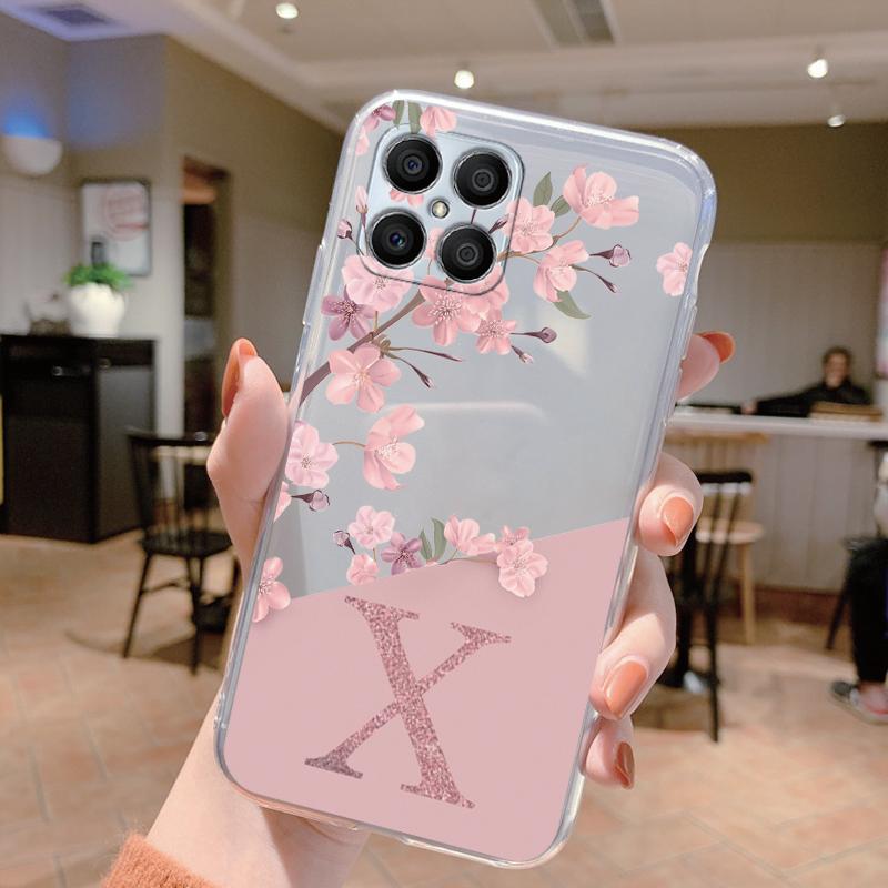 For Honor X8 4G Case X 8 5G Clear Bumper TPU Silicone Soft Cover for HonorX8 Phone Cases Capa Pink Flowers Letter Funda Fashion