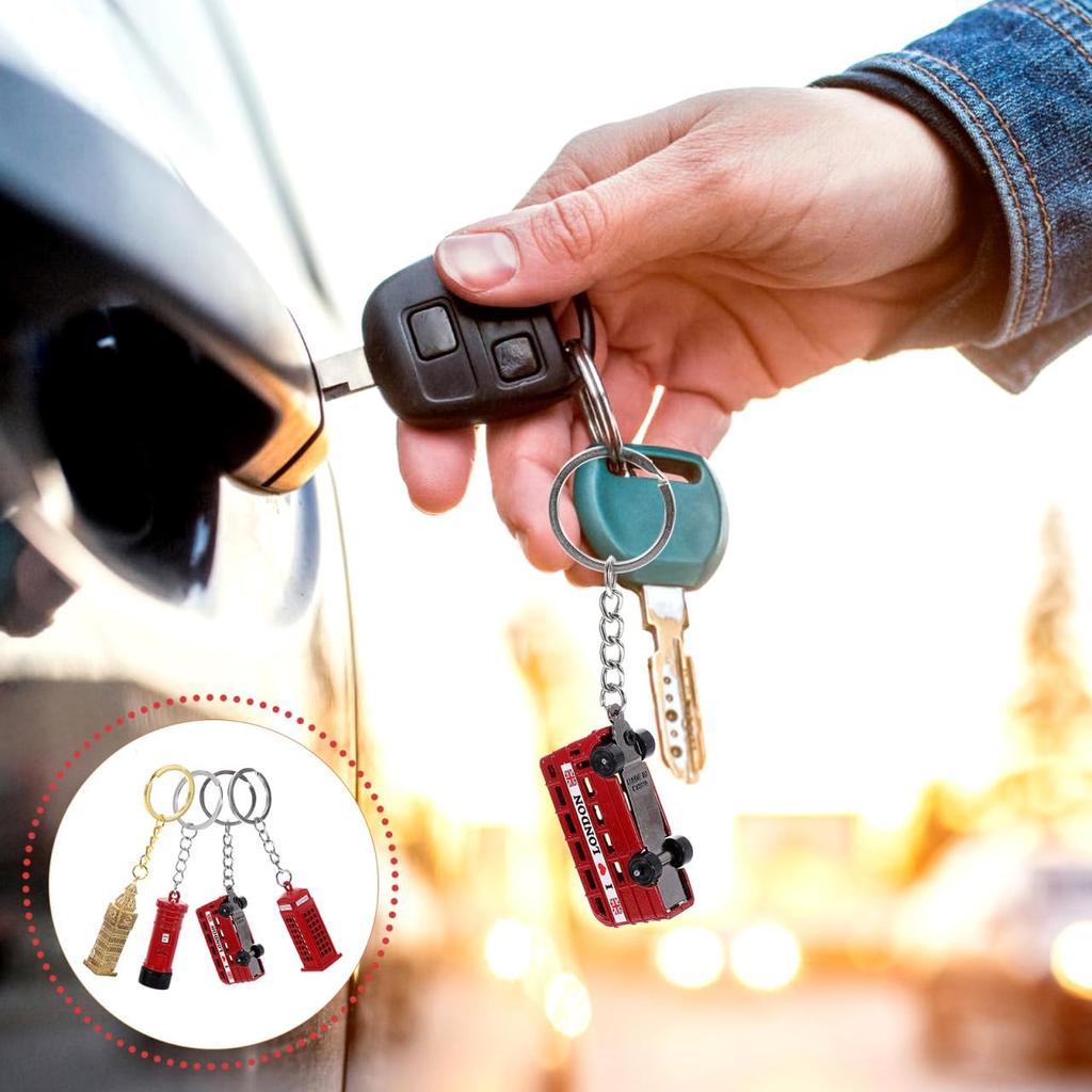 HOLIDYOYO Набор из 4 брелоков в виде модели автобуса, брелоки для сумки из сплава в виде лондонской телефонной будки и двухэтажного автобуса, Унисекс подвески-брелоки, 10,6 см x 2,3 см x 1,3 см