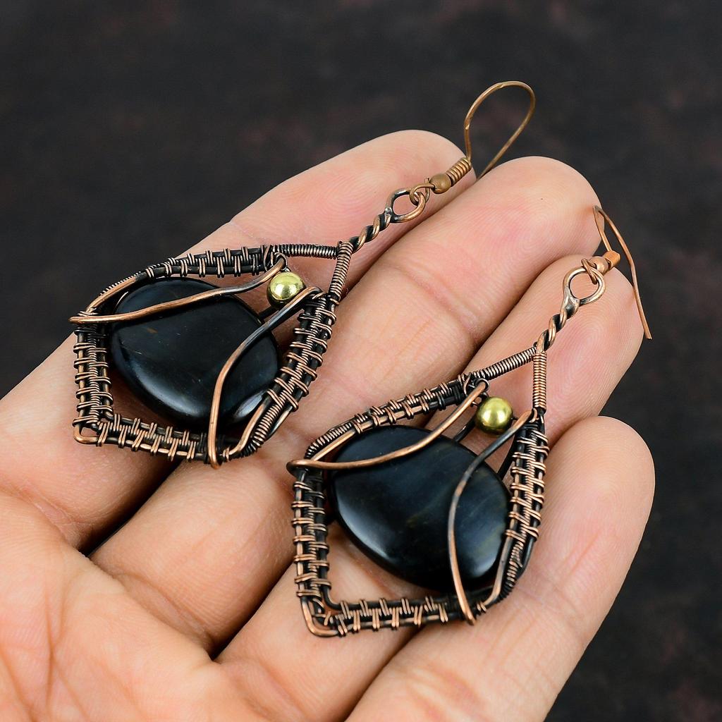 Серьги Pietersite, медная проволока, серьги ручной работы, медные украшения, уникальные серьги, серьги с драгоценными камнями, подарки для женщин, ювелирные изделия, завернутые в проволоку