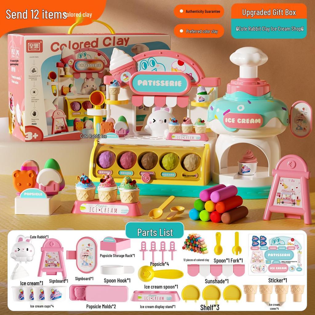 Children's Pretend Play Kitchen Toy Set: Ice Cream Maker, Hamburger Shop & Noodle Maker with Ultra-light Clay Molds