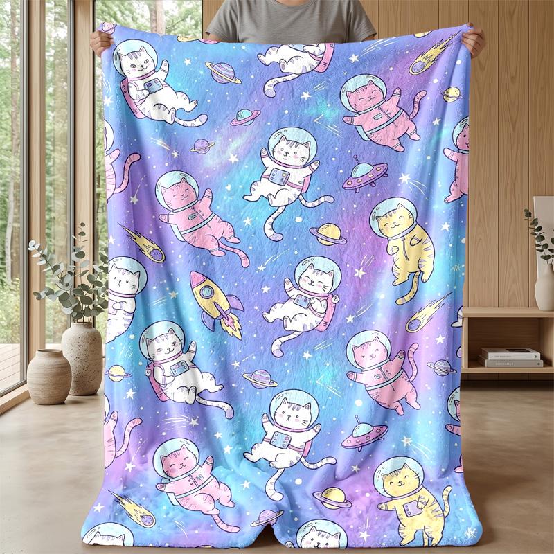 Cat Astronaut Space Journey blanket Personalized Name Flannel Blanket Soft Cozy Plush Throw for Sofa Bed Lightweight Home Decor