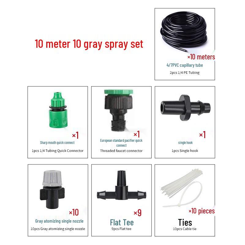 10m Grey Drip Irrigation Set with 10 Nozzle Micro Spray for Cooling and Moisturizing