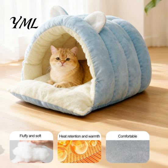 Resilient PP Cotton Cat House Cave Bed, Warm Semi Enclosed Hideaway, Winter Sleeping Easy Care Washable Pet Bag with Snap Buttons, Cozy Calming