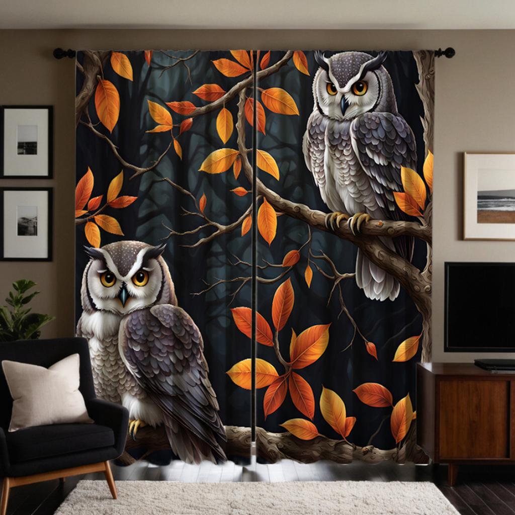 2 Pieces with HD Maple Tree Owl Decorative Curtain Black Tie Digital Printed Curtain Home Decoration Style Decoration Living Roo