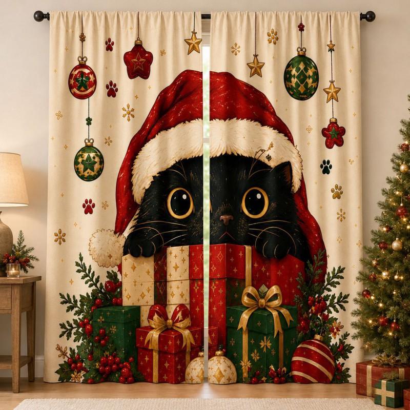 Christmas Print Blackout Curtains Living Room Dining Semi-Opaque Decorative Window Treatment Set