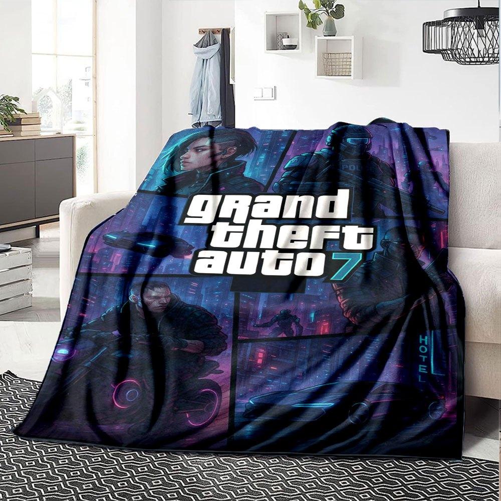 1 шт. Мягкое фланелевое одеяло Grand Theft Auto с дизайнерским принтом. Уютное одеяло для всех сезонов, идеально подходит для дивана, кровати, офиса