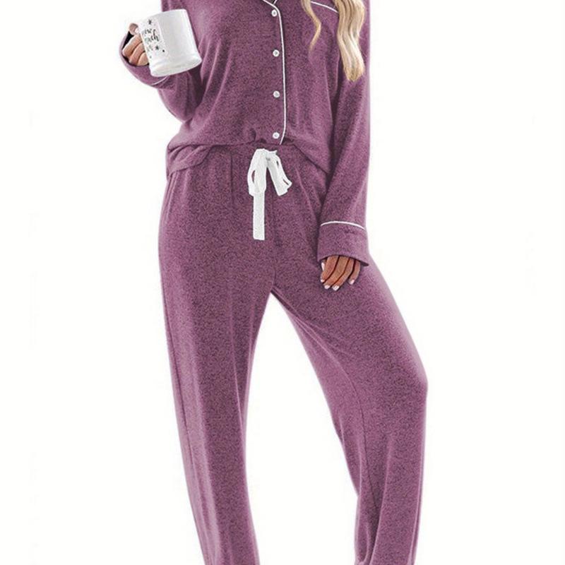 Женская пижамная рубашка с длинным рукавом - Повседневная на пуговицах