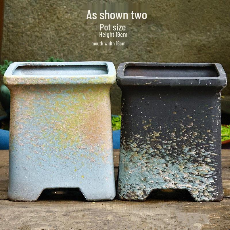 Yixing Handmade Square Mouth Coarse Pottery Planter - Large Succulent Flower Pot with Old Branch Design and Jade Pendant.