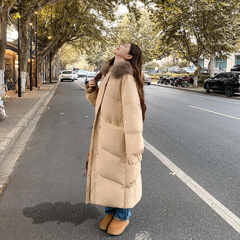 Womens Long Puffer Coat With Faux Fur Hood Winter Warm Slim Fit Casual Outerwear