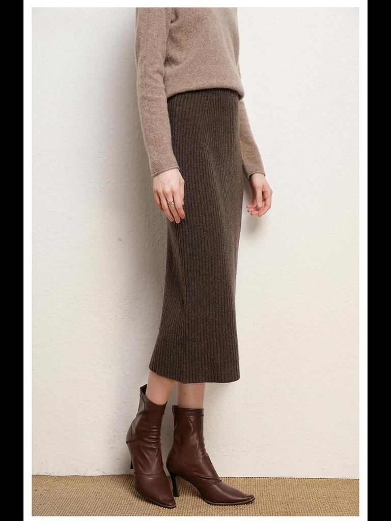 Женская шерстяная трикотажная юбка средней длины с высокой талией — большой размер, толстая резинка, зимняя модель без разреза.
