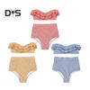 2Pcs/Set Women Bikini Set Ruffle Trim Bandeau Padded Push-Up Bra High Waisted Briefs Set Striped Print Beachwear