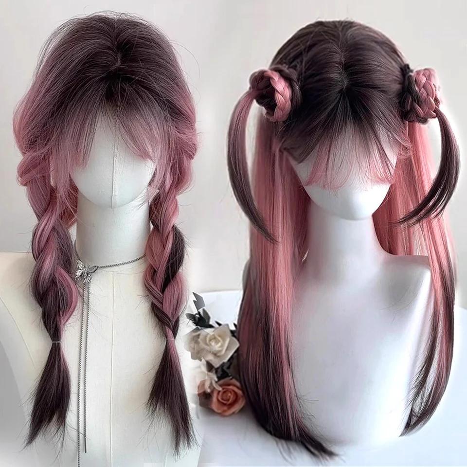 OLACARE синтетический длинный прямой парик Лолита с челкой парик для девочек милый омбре голубой блонд черный парик для косплея вечеринки Хэллоуина Харадзюку