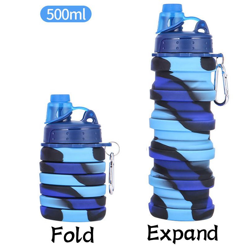 Портативная складная силиконовая бутылка для воды с камуфляжной крышкой, складной чайник для спортивных путешествий, чашка для питья с чашкой-карабином