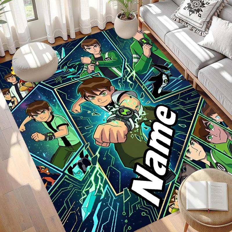 Custom Name Personalized Ben 10 Cartoon Print Carpet, Versatile Home Decor Rug, for Playroom, Apartment, Balcony, Entryway, Hallway Gift