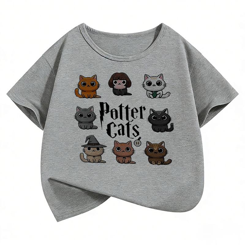 Potter Cat Graphic Kids Tshirts Summer Short Sleeve Tees Cartoon Animal Boys Girls Clothes Kawaii Tops Y2K Children Tshirt