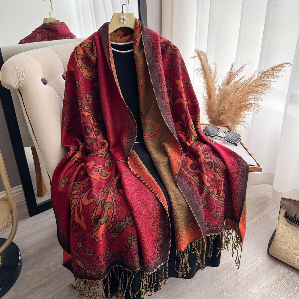 Ethnic Style Imitation Cashmere Scarf Travel Outside with Warm Scarf Retro Cape Fringed Cloak