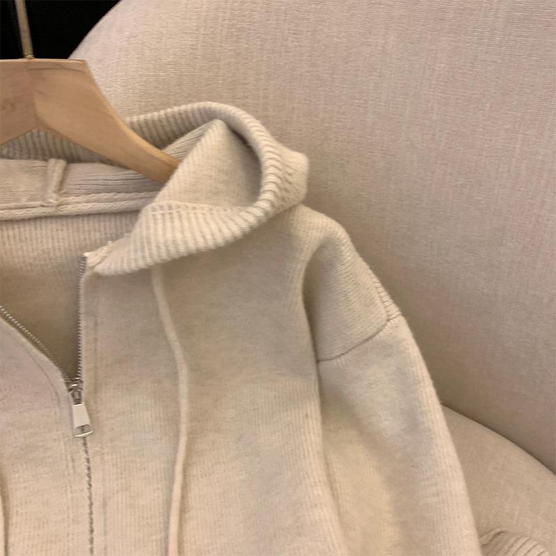 Осенне-зимний свободный свитер-кардиган с капюшоном на молнии для женщин, модные повседневные вязаные кардиганы, куртки, женские элегантные приталенные теплые трикотажные пальто 25465