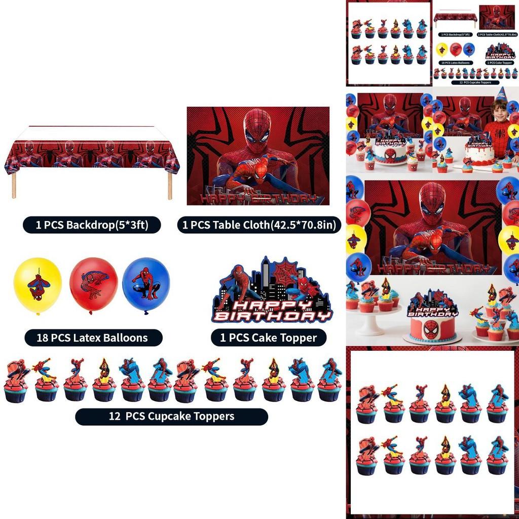 Spider Man Superhero Party Scene Set With Tablecloth Background And Latex Balloons