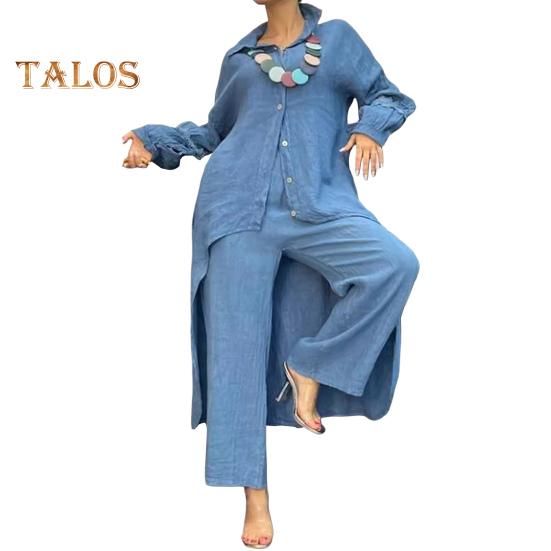 2 Pcs/Set Fall Spring Women Shirt Pants Set Long Sleeves Lapel Lace Cuff Button-down Irregular Hem Blouse Elastic Waist Trousers OL Commuting Sport