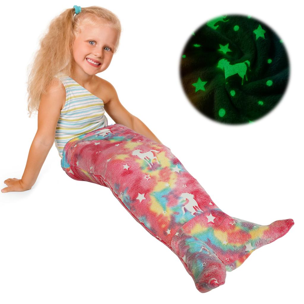 Детское светящееся в темноте одеяло, мягкое фланелевое одеяло с хвостом русалки и радужным узором в виде рыбьей чешуи для девочек, спальный мешок, НОВЫЙ