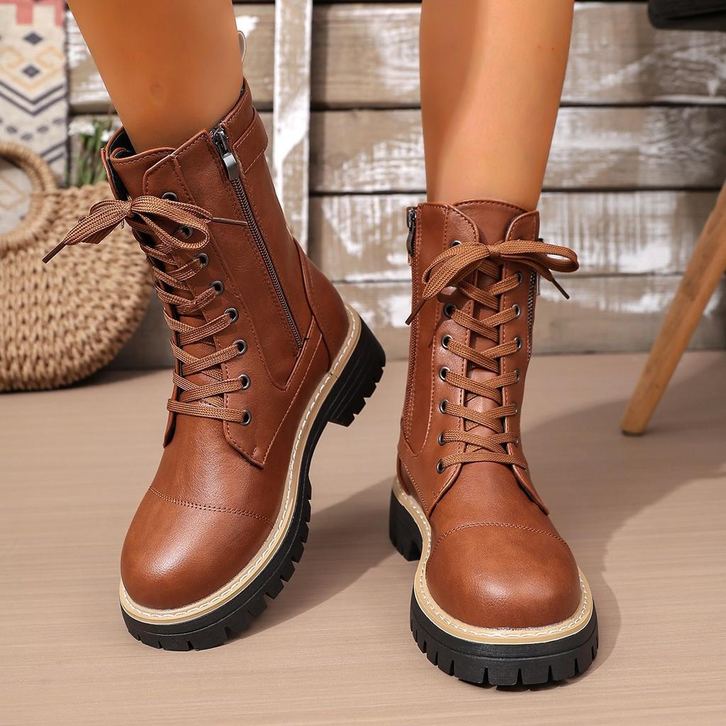 New Women's Fashion Boots for Autumn and Winter with Front Lacing Solid Color Low-heeled Mid-leg Boots Plus Size