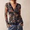 Women Y2k Floral Print Sheer Mesh Button Down Shirt Boho Vintage V Neck Long Sleeve Slim Fit Ruched Blouse Top