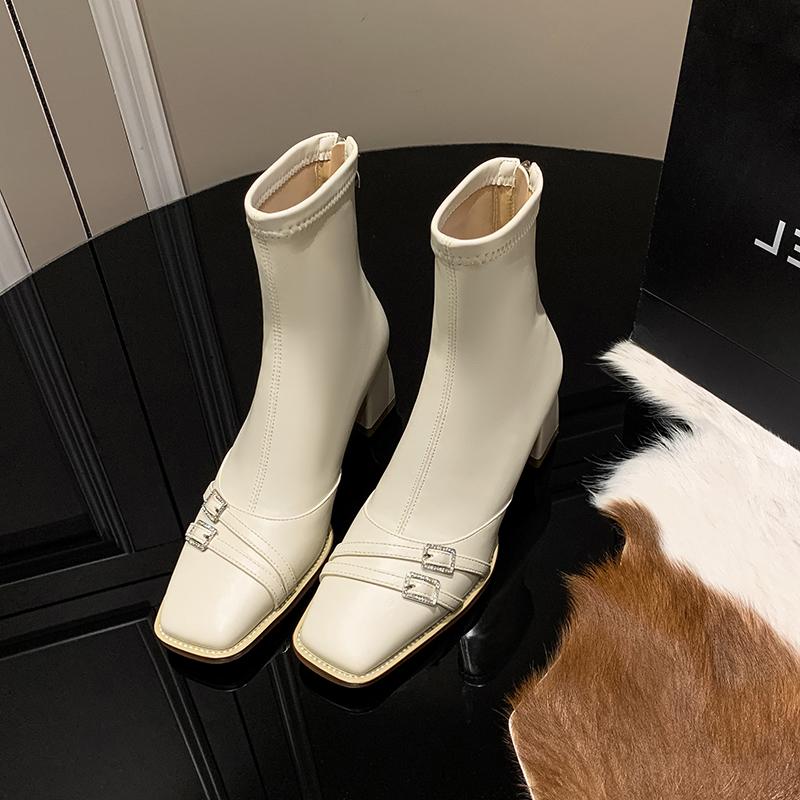 Fashion Thick Heel Ankle Boots Women Street Style Slim Square Toe Zipper Autumn Winter Rhinestone Ladies Shoes